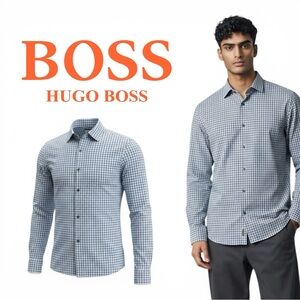 Hugo Boss Orange Shirt Men Button-Up Blue Plaid Cotton Size L Long Sleeve